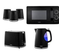 Stylish Tower Sonar 6-Piece Kitchen Set In Black With Kettle, Toaster, Microwave, And Canisters