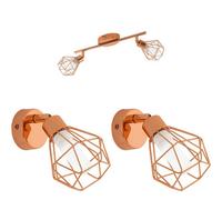 Twin Ceiling Spot Light & 2x Matching Wall Lights Copper Geometric Wire Cage