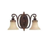Stylish Twin Wall Light With Detailed Back Plate And Glass Shades In Walnut Finish