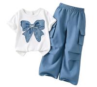 Stylish Two Piece Girls Outfit Cute Printed Tee with Cargo Pants Spring Summer Casual Teen Tween Clothing Set for Youth