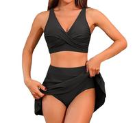 Stylish Two Piece Swimsuit Set High Waisted Bikini with Skirt and Convenient Pockets for Women Modern Beachwear Ladies Retro Bikini Set V Neck Neck Bathing Suits Full Coverage Swimwear (Black, L)