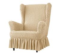 Stylish Universal Wingback Chair Cover with Skirt Stretchy Seersucker Furniture Protector for Living Room & Bedroom (Dark Rice) Elegant Slipcover for Easy Care