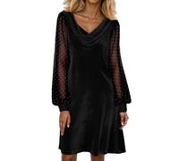 Stylish V-Neck Mesh Casual Dress for Women Elegant Solid Long Sleeve Tunic Top Comfortable Daily Wear Wedding Outfit for Older Ladies Womens Party Winter Skirts UK Work Dresses Cocktail