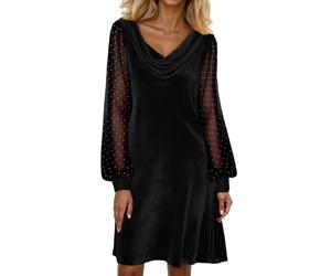 Stylish V-Neck Mesh Casual Dress for Women Elegant Solid Long Sleeve Tunic Top Comfortable Daily Wear Wedding Outfit for Older Ladies Womens Party Winter Skirts UK Work Dresses Cocktail