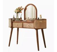 Stylish Vanity Table with Mirror Solid Wood & Rattan Design 2 Drawers Elegant Bedroom Furniture for Women & Girls Walnut Wood Finish