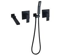 Stylish Wall-Mounted Bathtub Faucet with Handheld Shower Rotatable Brass Tub Filler Double Handle Mixer Tap 1.5M Hose - Modern Black Finish for Elegant Bathrooms