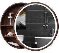 Stylish Wall-Mounted Wooden Bathroom Cabinet with Round Mirror & LED Light - Perfect Storage Solution for Bedroom Decor & Organization