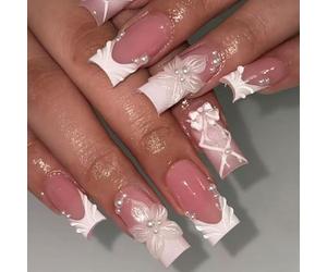 Stylish White Press on Sticker Nails Embossed Carving Pearls and Ribbon Design Ideal for Parties Weddings and Daily Use White French Stone Flower Press on