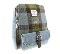 Stylish Women's Harris Tweed Backpack, MacLeod Tartan/Plain Light Blue Tartan. Spacious interior, and buckle closure for added security.