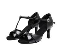 Stylish Women's Latin Dance Sandal Black T Strap lsa achata Tango Dancing Shoes Suede Soft Sole Ballroom Memory oam Cushion Anti-Slip Sole Performance rty Fashion Line Dancing (Black, 4.5)