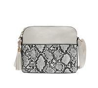 Stylish Women's Snakeskin Pattern Contrast Panel Messenger Bag with Zipper Closure and Decorative Tassel (White, One Size)