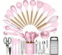 Stylish Wooden Handle Kitchen Gadgets 34 Pieces Silicone Cooking Utensil Set with Stand Non-Scratch Heat Resistant Kitchenware for Baking & Cooking Gift for New Home (Pink)