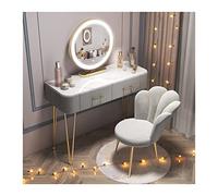 Stylish Wooden Vanity Table with Intelligent Mirror, Glass Top, and Backrest Chair - 120 cm Makeup Desk for Elegant Grooming Space, Grey Color
