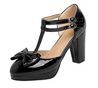 StyliShoes Women Fashion T-Strap Shoes with Chunky Heel Black