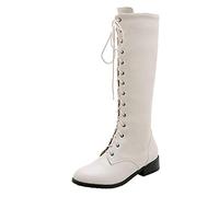StyliShoes Women Knee-High Lace-up Boots with Pointed Toe and Low Heel Beige