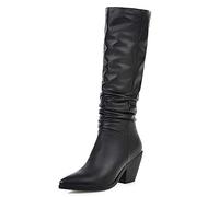 StyliShoes Women Knee-High Slouch Boots with Pointed Toe and Chunky Heel