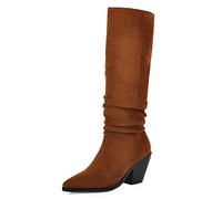 StyliShoes Women Knee-High Slouch Boots with Pointed Toe and Chunky Heel Tan