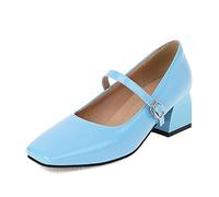 StyliShoes Women Mary Jane Shoes with Mid Chunky Heel and Square Toe Blue