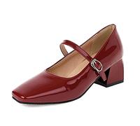 StyliShoes Women Mary Jane Shoes with Mid Chunky Heel and Square Toe Wine Red