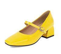 StyliShoes Women Mary Jane Shoes with Mid Chunky Heel and Square Toe Yellow