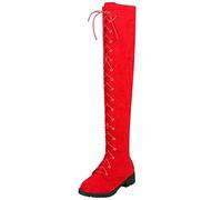 StyliShoes Women Thigh High Boos with Lace-up and Low Heel Red