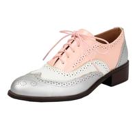 StyliShoes Women's Retro Round Toe Brogues Low Block Heel Oxfords Pink