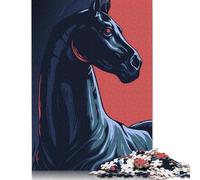 Stylized Black Horse Portrait on Red Puzzle Relax Challenge Toy Premium Cardboard Jigsaw Puzzle for Adult Children Easter Gifts 500pcs (52x38cm)