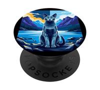 Stylized Blue Cat Mountain Lake Scene PopSockets Adhesive PopGrip