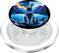 Stylized Blue Cat Mountain Lake Scene PopSockets PopGrip for MagSafe