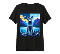 Stylized Blue Cat Mountain Lake Scene Premium T-Shirt