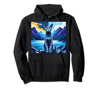 Stylized Blue Cat Mountain Lake Scene Pullover Hoodie