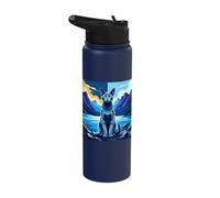 Stylized Blue Cat Mountain Lake Scene Stainless Steel Insulated Water Bottle