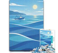 Stylized Boat on Blue Ocean Waves Adult Puzzle 1000pcs (38x26cm) Jigsaw | For a classic tabletop challenge: Adult jigsaw puzzle with 1000 pieces; when a calm, focused hobby suits the moment.