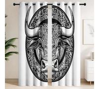 Stylized Bull Head Tribal Totem Blackout Curtains - Study, Tattoo Shop, Rock Bar, Living Space Window Drapes, Retro Rugged Woodcut Tribal Thermal Insulated Window Curtains