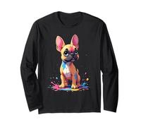 Stylized Cartoon Frenchie with Colorful Splatter Pattern Long Sleeve T-Shirt