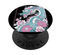 Stylized Dragon Floral Art in Turquoise and Pink PopSockets Adhesive PopGrip