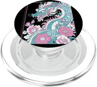 Stylized Dragon Floral Art in Turquoise and Pink PopSockets PopGrip for MagSafe