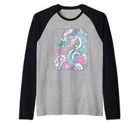 Stylized Dragon Floral Art in Turquoise and Pink Raglan Baseball Tee