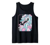 Stylized Dragon Floral Art in Turquoise and Pink Tank Top