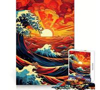 Stylized Ocean Waves at Sunset 1000 Piece Jigsaw Puzzles for Adults Jigsaw Think Toy Calm Relax Clean Cut Wall Art Decor 38x52cm