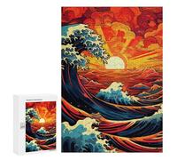 Stylized Ocean Waves at Sunset, 300 PCS Displayable Picture Puzzle, Mindful Gift for Adults - for A Rewarding Weekend Challenge