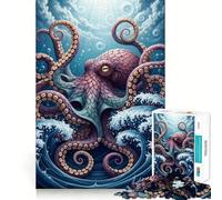 Stylized Octopus in Ocean Waves 1000 Pieces Jigsaw Puzzles for Adults Recall Upgrade Stress Relief Tight Cut Santa Wish Pick 38x52cm