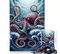 Stylized Octopus in Ocean Waves Hard Jigsaw Puzzle for Adults 1000 Pieces Logic Toy Family Bond Precision Cut Warm Surprise 38x26cm