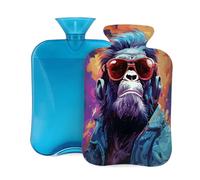 Stylized Sunglasses Headphones Monkey Hot Water Bottle with Cover, 2L PVC Hot Water Bag for Pain Relief, Hand Foot Warmer, Hot & Cold Therapy with Removable Cover, Gift for Women Kids Family