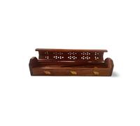 Stylla London® Beautiful Handmade Wooden Brown Incense Stick Holder Box with Jali Elephant Motif Brass Inlay