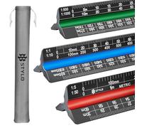 Stylo Aluminium Architect Scale Ruler 30cm Triangular, Black Metric | Laser-etched colour-coded grooves, 12 ratios from 1:1 to 1:2500, anodised finish, soft cloth pouch