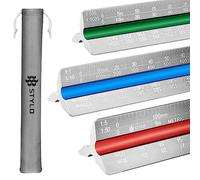 Stylo Aluminium Architect Scale Ruler 30cm Triangular, Grey Metric | Laser-etched colour-coded grooves, 12 ratios from 1:1 to 1:2500, anodised finish, soft cloth pouch