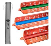 Stylo Aluminium Architect Scale Ruler 30cm Triangular, Red Metric | Laser-etched colour-coded grooves, 12 ratios from 1:1 to 1:2500, anodised finish, soft cloth pouch