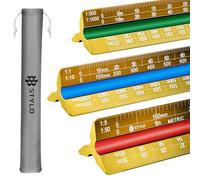 Stylo Aluminium Architect Scale Ruler 30cm Triangular, Yellow Metric | Laser-etched colour-coded grooves, 12 ratios from 1:1 to 1:2500, anodised finish, soft cloth pouch