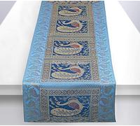 Stylo Culture Bohemian Dining Table Runner Turquoise Gold Peacock Floral Brocade Jacquard Rectangle Home Decor Indian Coffee Table Cloth | 60x16 Inches (152 x 40 cm)